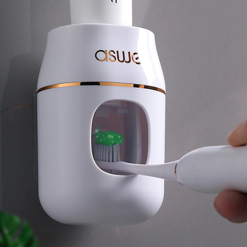 WIKHOSTAR Bathroom Accessoriest Set Automatic Toothpaste Dispenser Wall-mounted Toothpaste Squeezer Dust-proof Toothbrush Holder