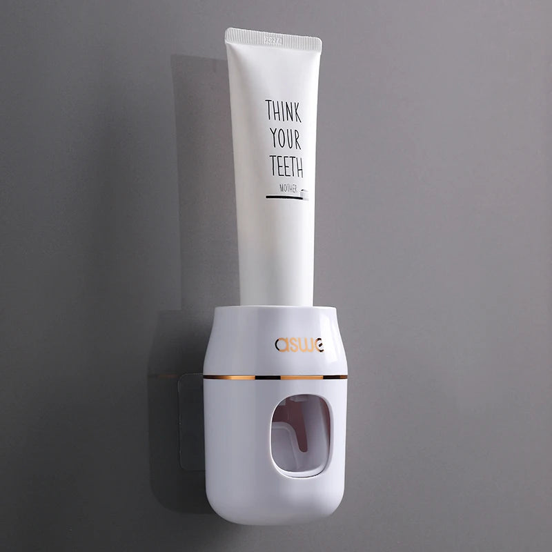 WIKHOSTAR Bathroom Accessoriest Set Automatic Toothpaste Dispenser Wall-mounted Toothpaste Squeezer Dust-proof Toothbrush Holder