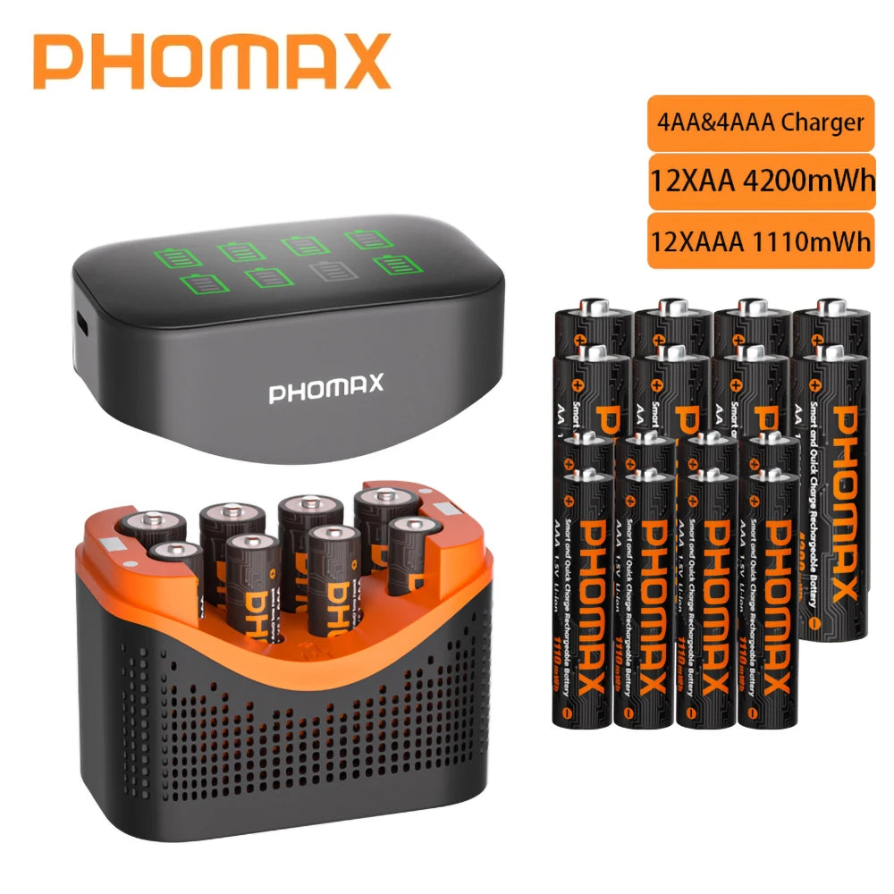 PHOMAX Rechargeable Lithium Battery 1.5V – AA & AAA with Fast Charger