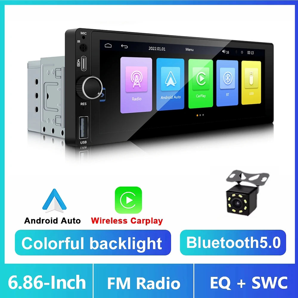 IPS 6.86 Inch Wireless Carplay Android Auto Car Radio Multimedia MP5 Player 1 Din Bluetooth Stereo Support FM WiFi Rear Camera