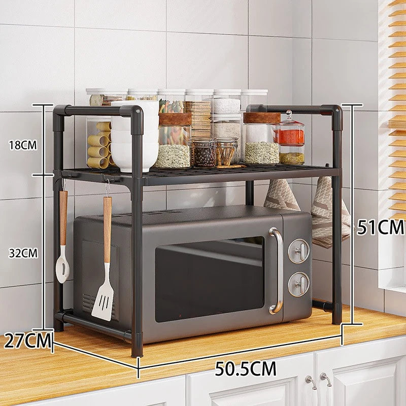 Multi-Purpose Kitchen Storage Rack – Adjustable Countertop Shelf with Hooks