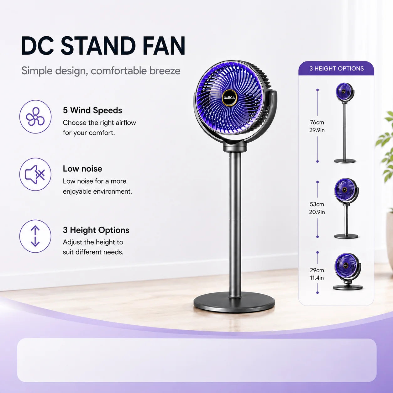3-in-1 Modern Air Circulator Fan 5 Speeds 4 Heights Quiet Portable Pedestal Stand Fan USB-C for Home Bedroom Office RV Camping