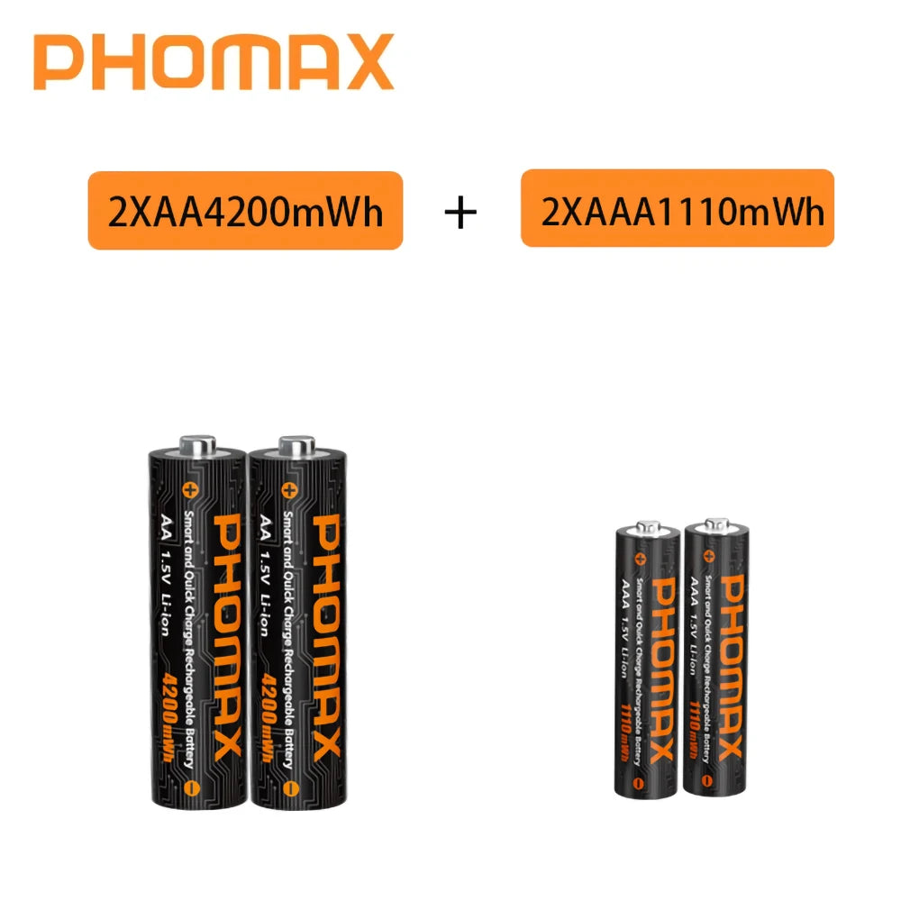 PHOMAX Rechargeable Lithium Battery 1.5V – AA & AAA with Fast Charger