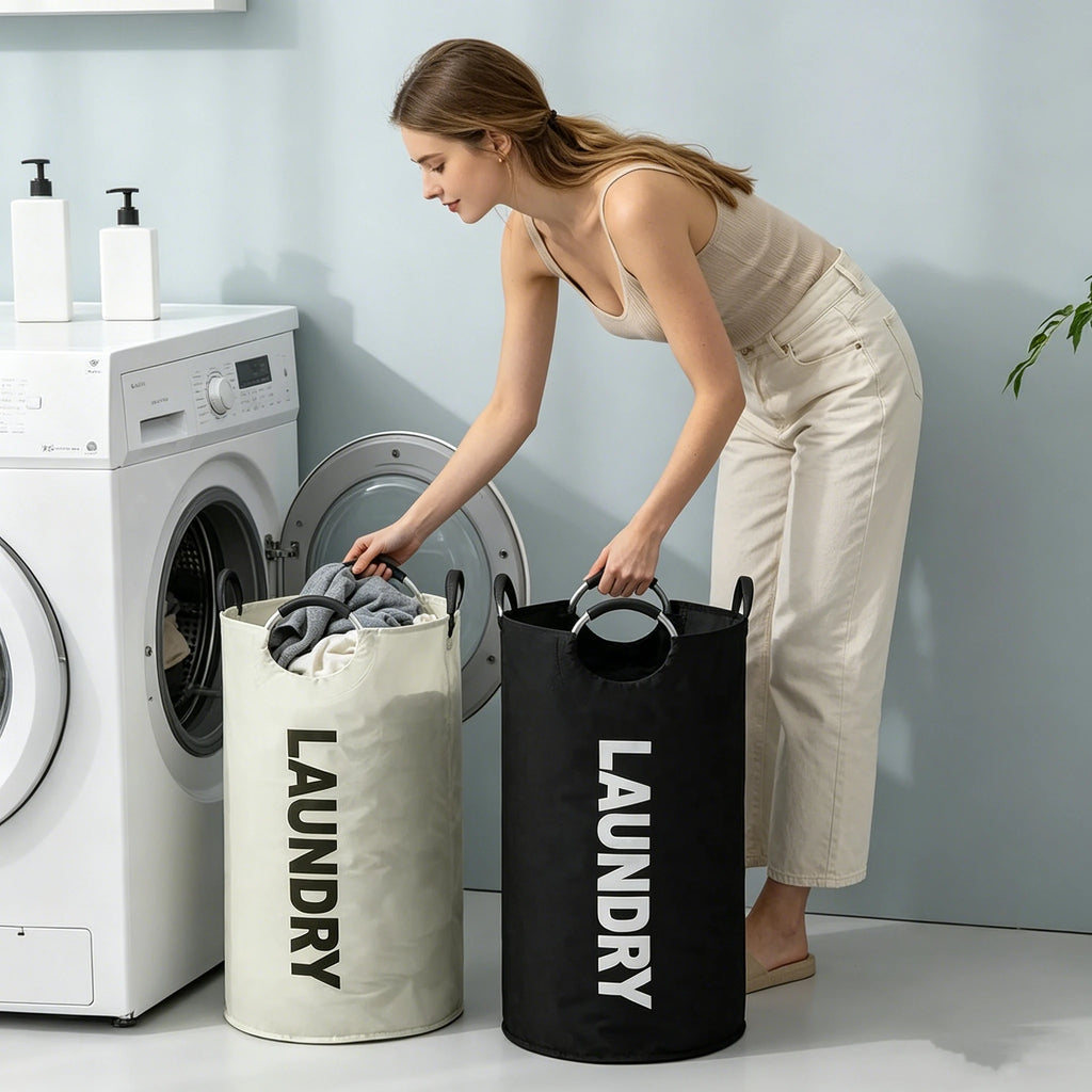 Extra-large waterproof laundry basket with padded handles. Foldable, lightweight and durable. Perfect for clothes, blankets, toys and home storage. Saves space and keeps your home organized.