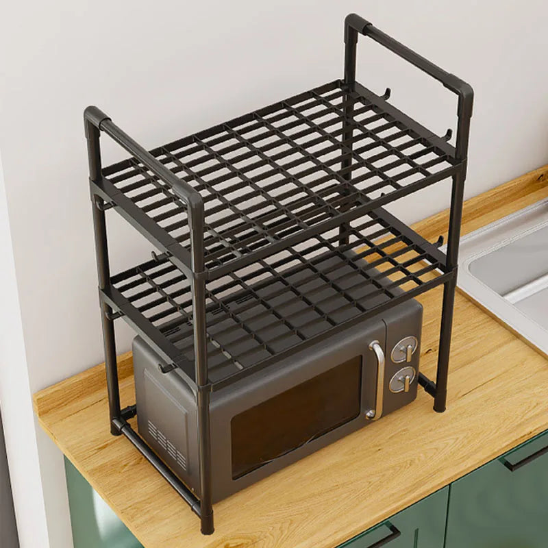 Multi-Purpose Kitchen Storage Rack – Adjustable Countertop Shelf with Hooks