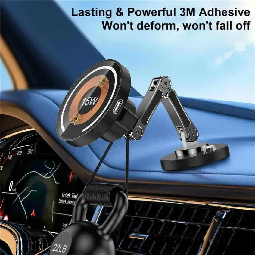 Car Magnetic Wireless Charger Dashboard Phone Holder Adjustable Long Arm For Magsafe iPhone 16 15 14 13 12 Pro Max Fast Charging