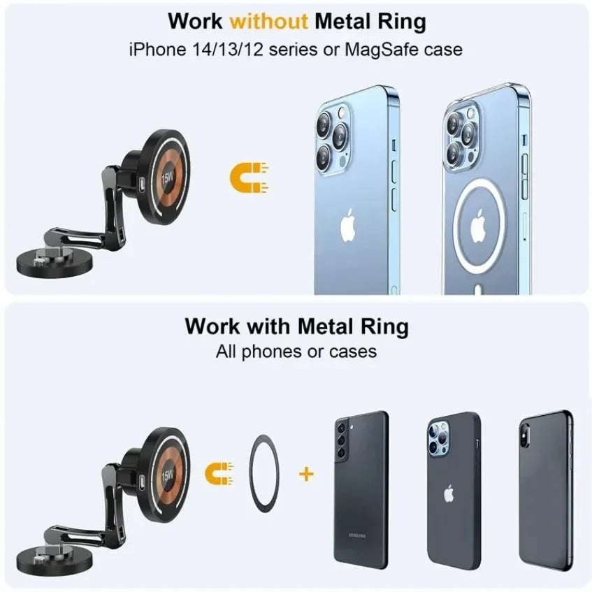 Car Magnetic Wireless Charger Dashboard Phone Holder Adjustable Long Arm For Magsafe iPhone 16 15 14 13 12 Pro Max Fast Charging