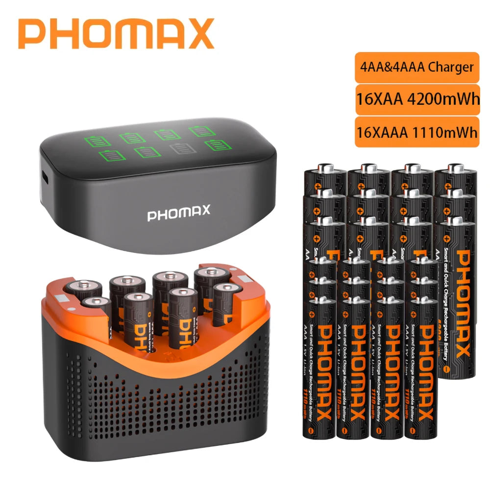 PHOMAX Rechargeable Lithium Battery 1.5V – AA & AAA with Fast Charger