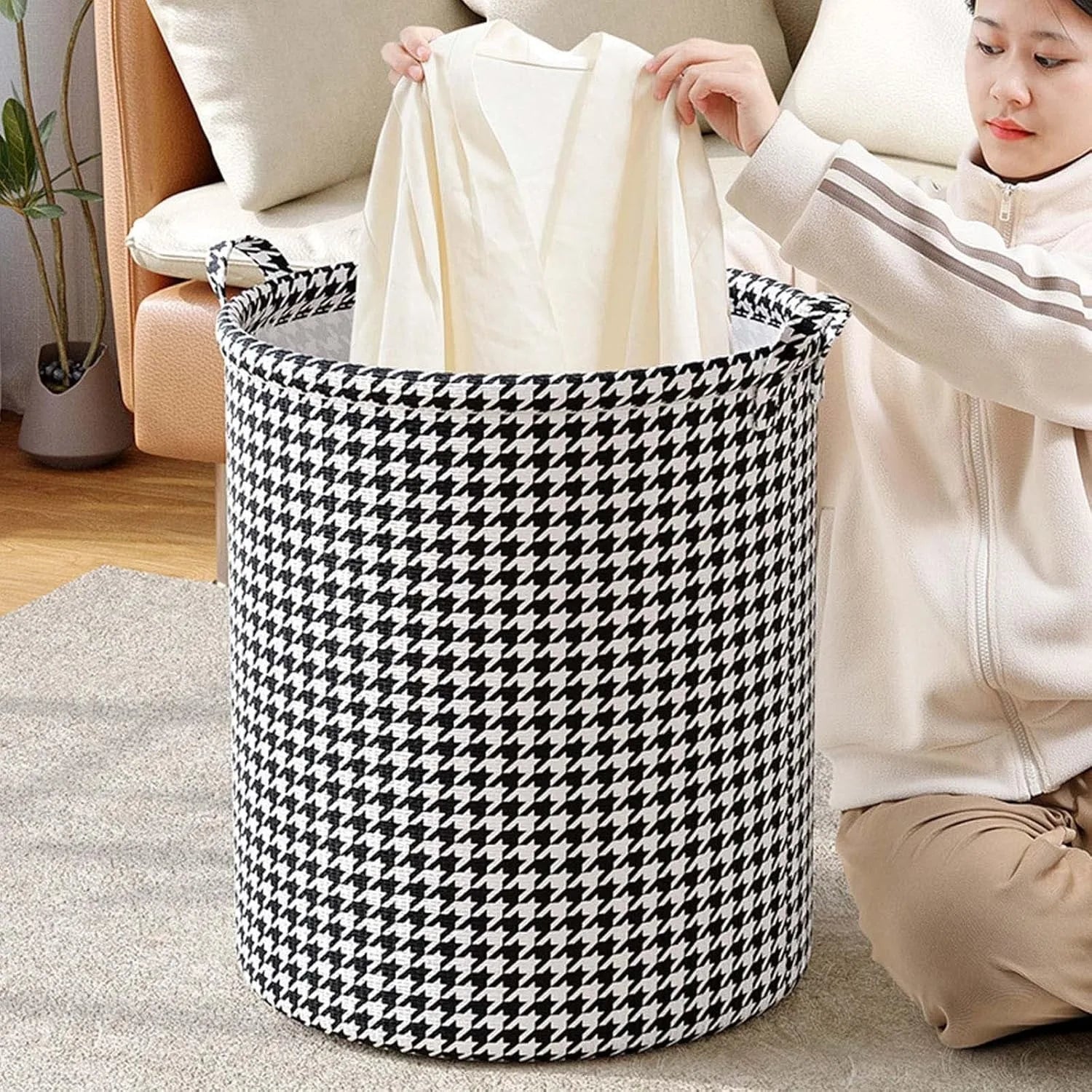 Foldable Laundry Basket with Handles – Houndstooth Bedroom Hamper