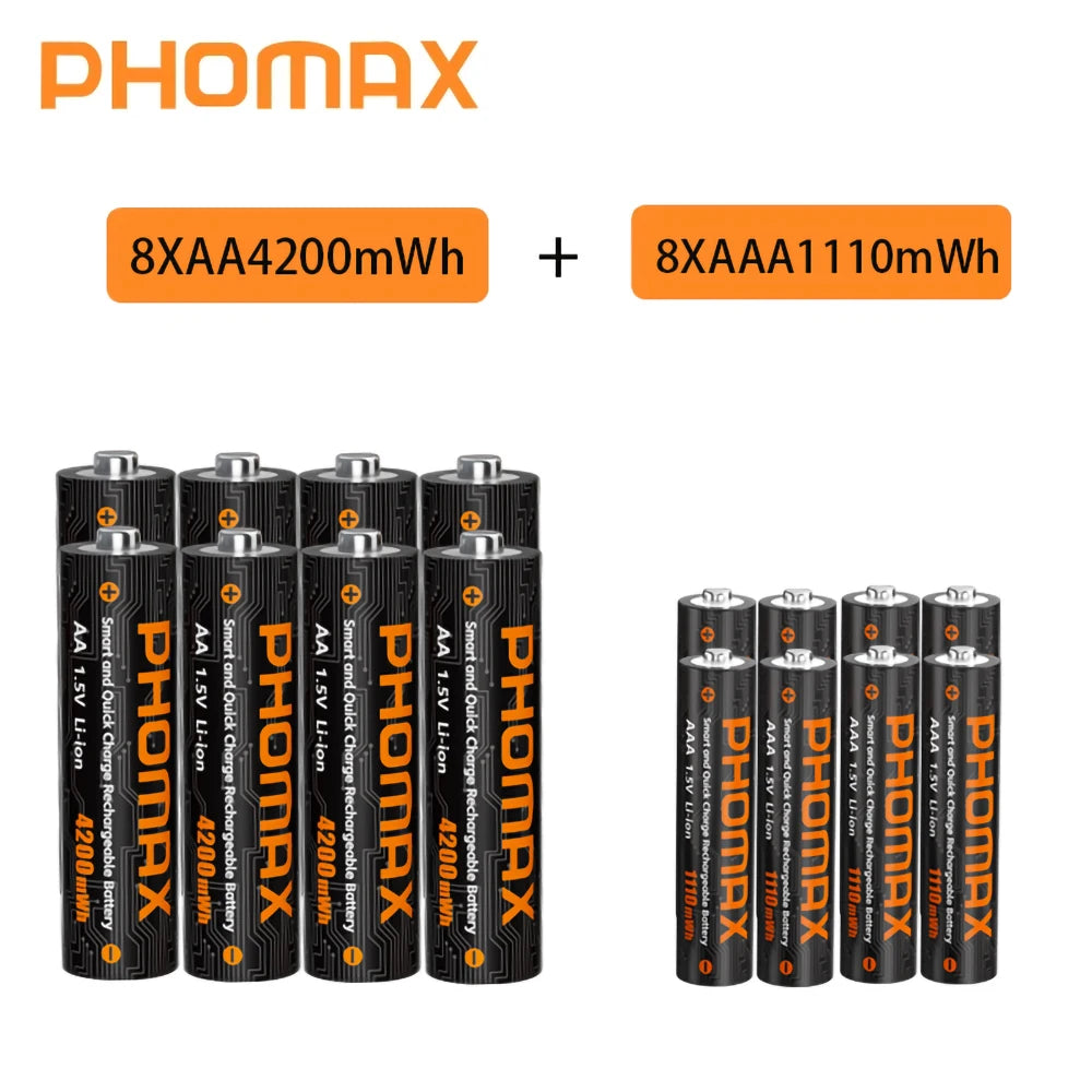 PHOMAX Rechargeable Lithium Battery 1.5V – AA & AAA with Fast Charger