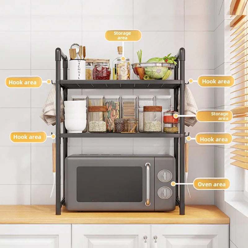 Multi-Purpose Kitchen Storage Rack – Adjustable Countertop Shelf with Hooks