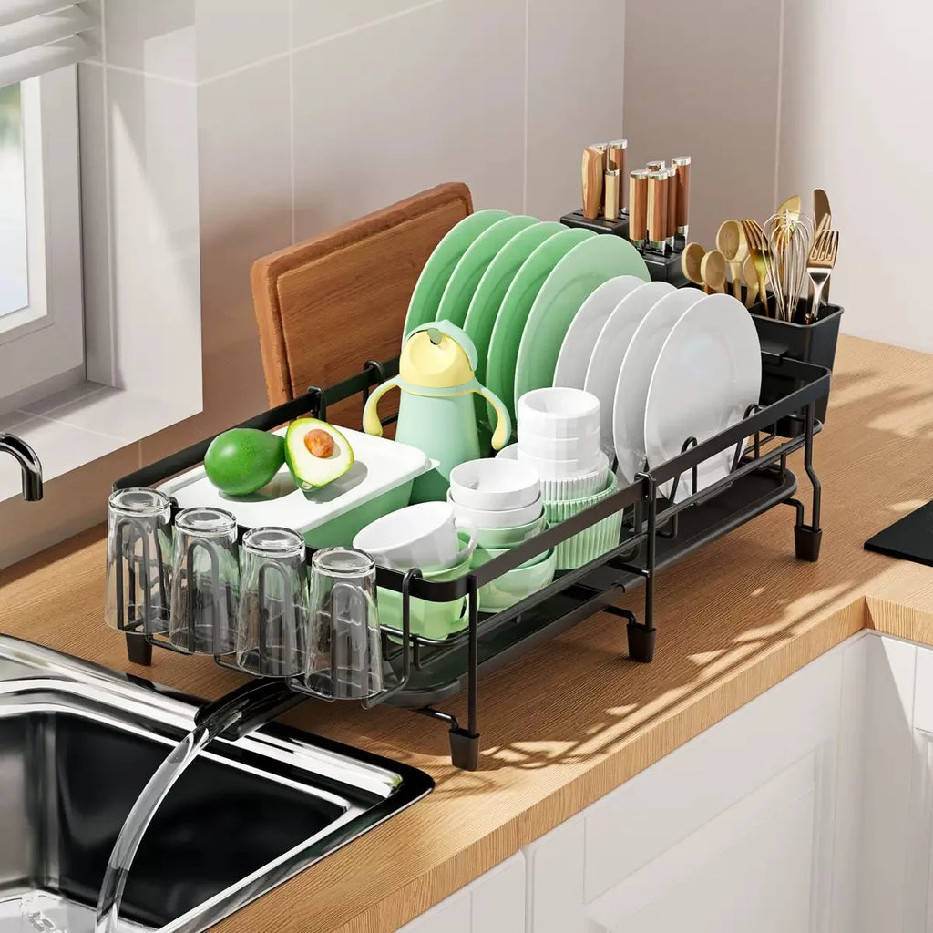Expandable Dish Drying Rack with Drainboard – Rotatable Spout & Utensil Holder