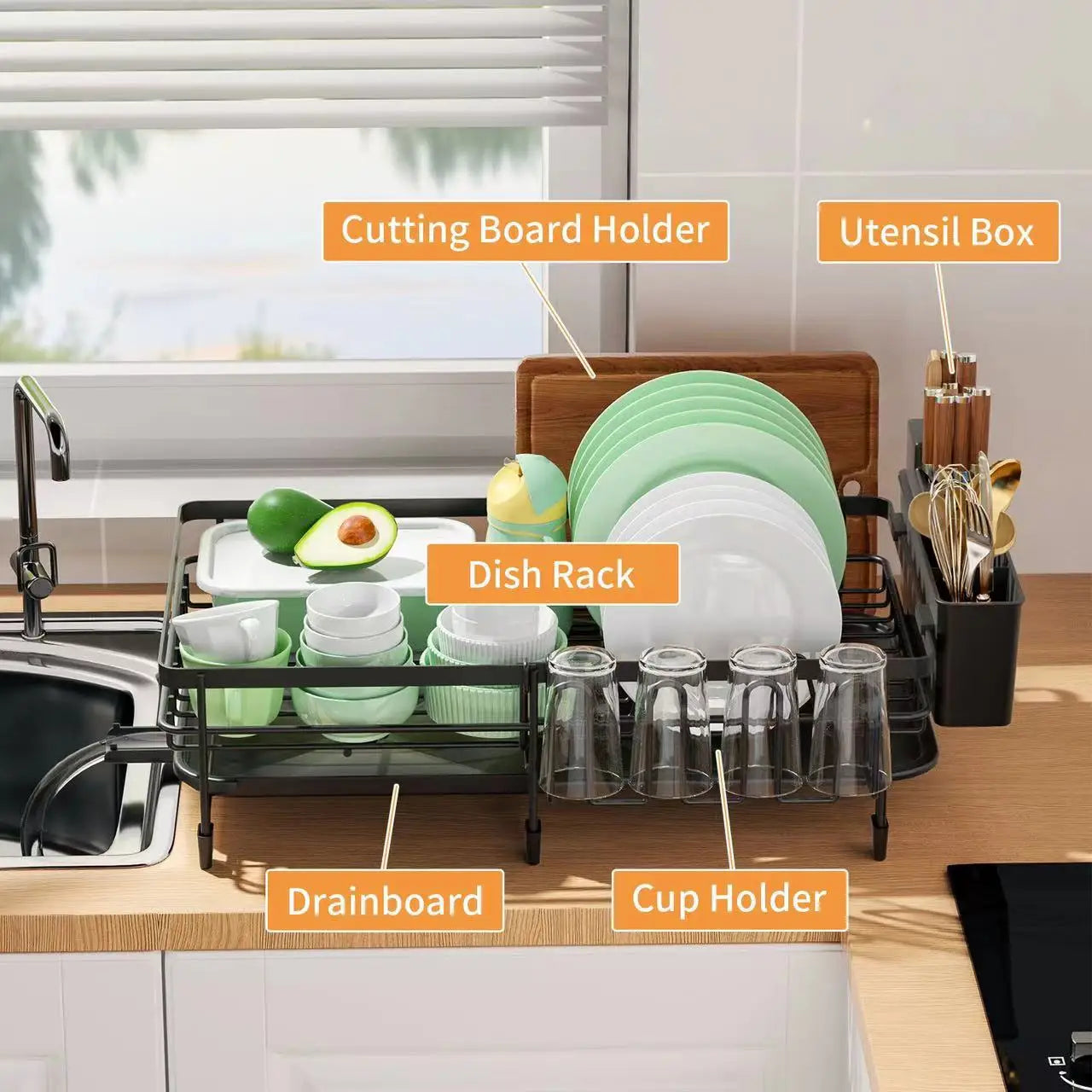 Expandable Dish Drying Rack with Drainboard – Rotatable Spout & Utensil Holder