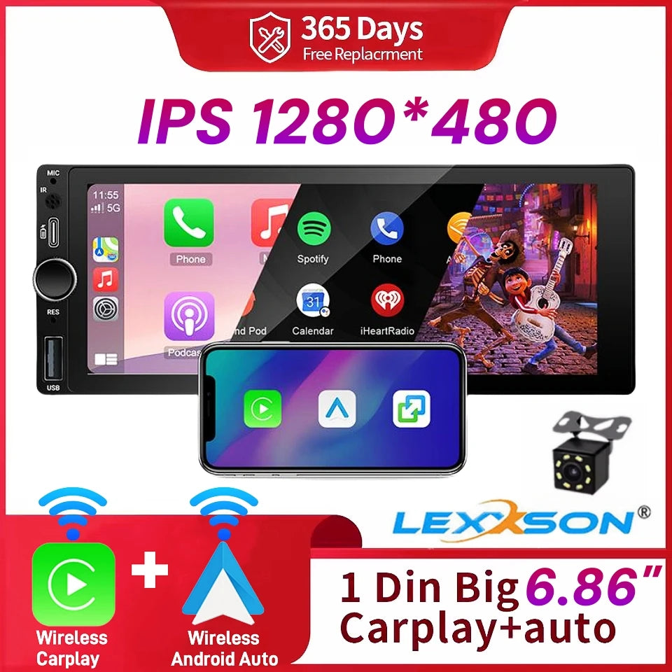IPS 6.86 Inch Wireless Carplay Android Auto Car Radio Multimedia MP5 Player 1 Din Bluetooth Stereo Support FM WiFi Rear Camera