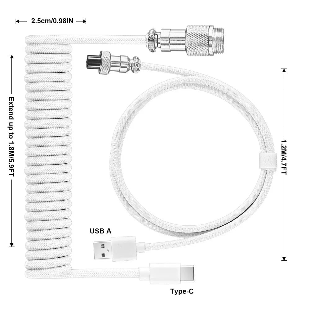 USB Type C Aviator Connector Spring Cord Mechanical Keyboard Coiled Cable for Protable Mechanical Keyboard Data Charging Cable