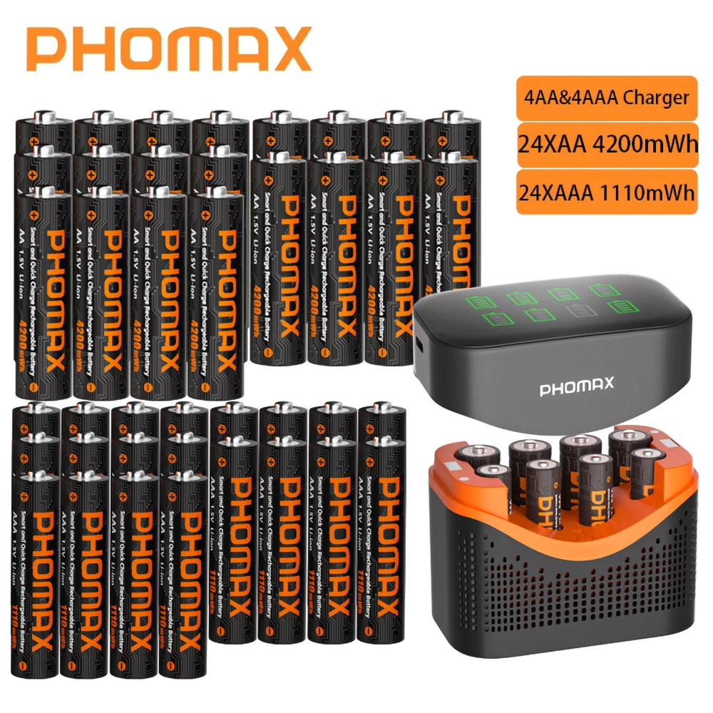 PHOMAX Rechargeable Lithium Battery 1.5V – AA & AAA with Fast Charger