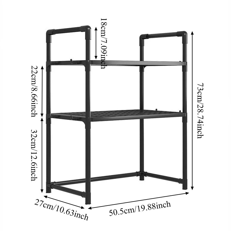 Adjustable microwave storage rack. Save kitchen space and keep spices, dishes and kitchen accessories neatly organized.   Raft reglabil pentru cuptorul cu microunde. Economisește spațiu în bucătărie, este rezistent și ideal pentru depozitarea condimentelo