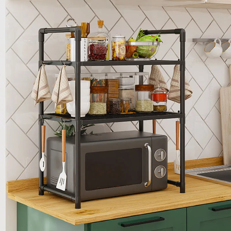 Multi-Purpose Kitchen Storage Rack – Adjustable Countertop Shelf with Hooks