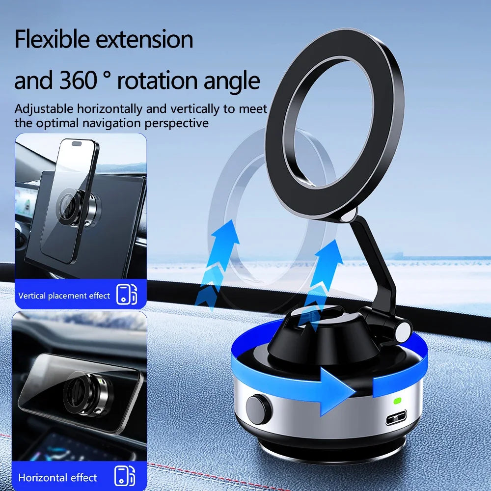 X98 Electric Vacuum Suction Cup Car Phone Holder 360 Rotation Strong Magnetic Foldable Stand for iphone 12-16 Pro Xiaomi Samsung