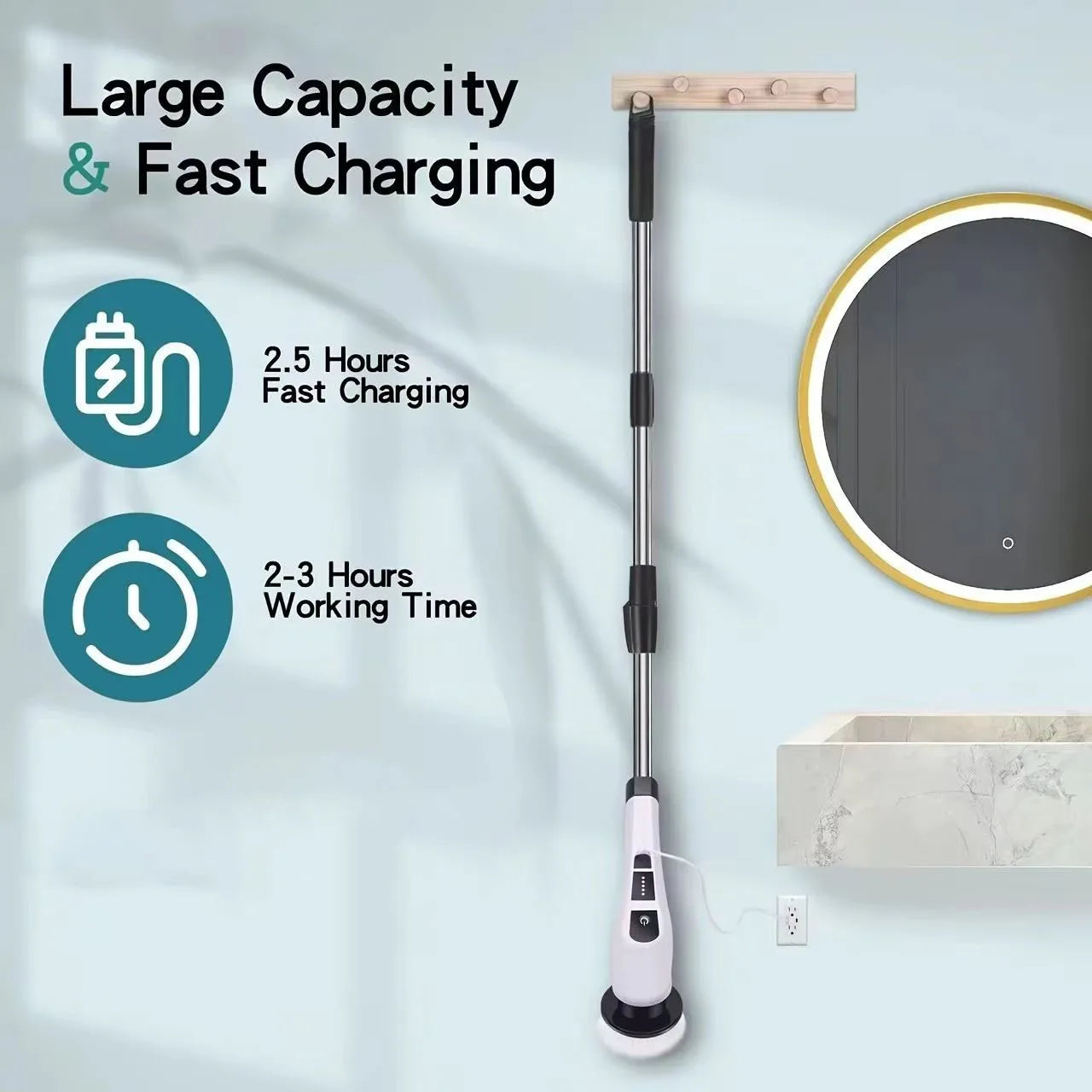 Perie electrică de curățare 9 în 1 – fără fir, cu cap rotativ și mâner telescopic.      Ηλεκτρική βούρτσα καθαρισμού 9 σε 1 – ασύρματη, με περιστρεφόμενη κεφαλή και τηλεσκοπική λαβή.    9-in-1 Cordless Electric Spin Scrubber with Telescopic Handle