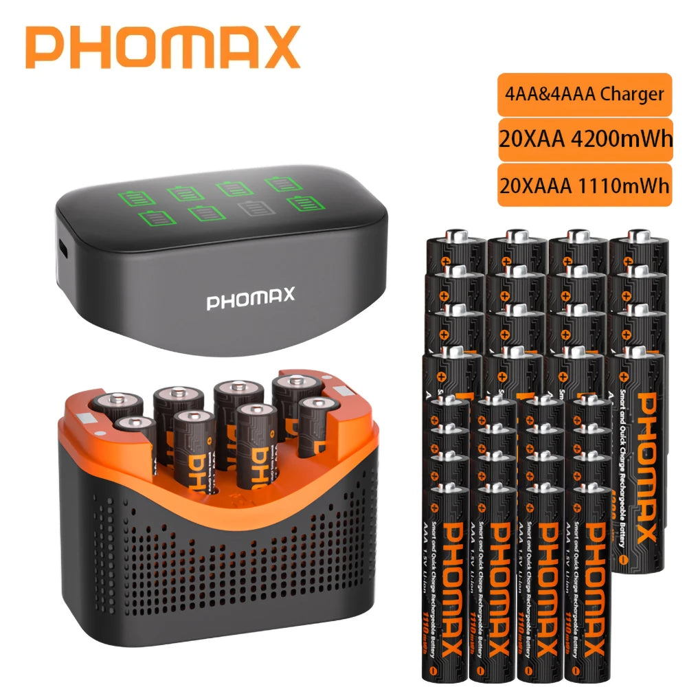 PHOMAX Rechargeable Lithium Battery 1.5V – AA & AAA with Fast Charger