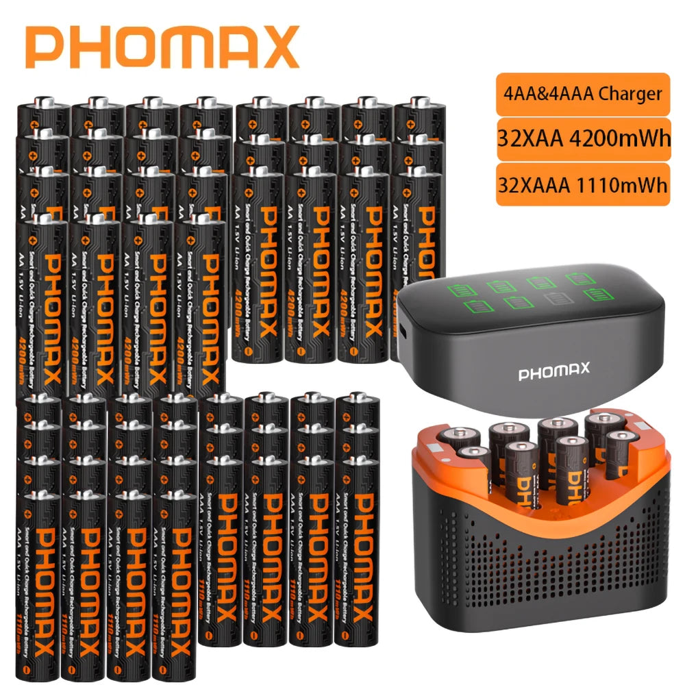 PHOMAX Rechargeable Lithium Battery 1.5V – AA & AAA with Fast Charger