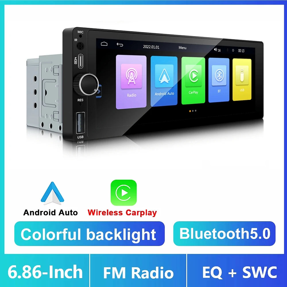 IPS 6.86 Inch Wireless Carplay Android Auto Car Radio Multimedia MP5 Player 1 Din Bluetooth Stereo Support FM WiFi Rear Camera
