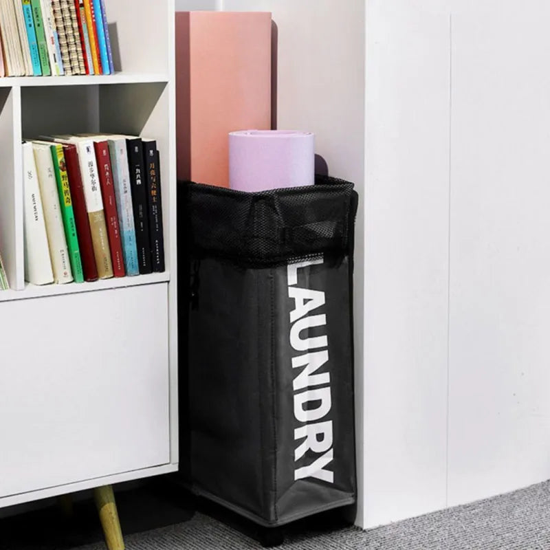 Large capacity laundry basket with wheels for easy transport. Foldable design saves space when not in use. Durable, waterproof material with sturdy handles. Perfect for clothes, blankets, toys and home organization.