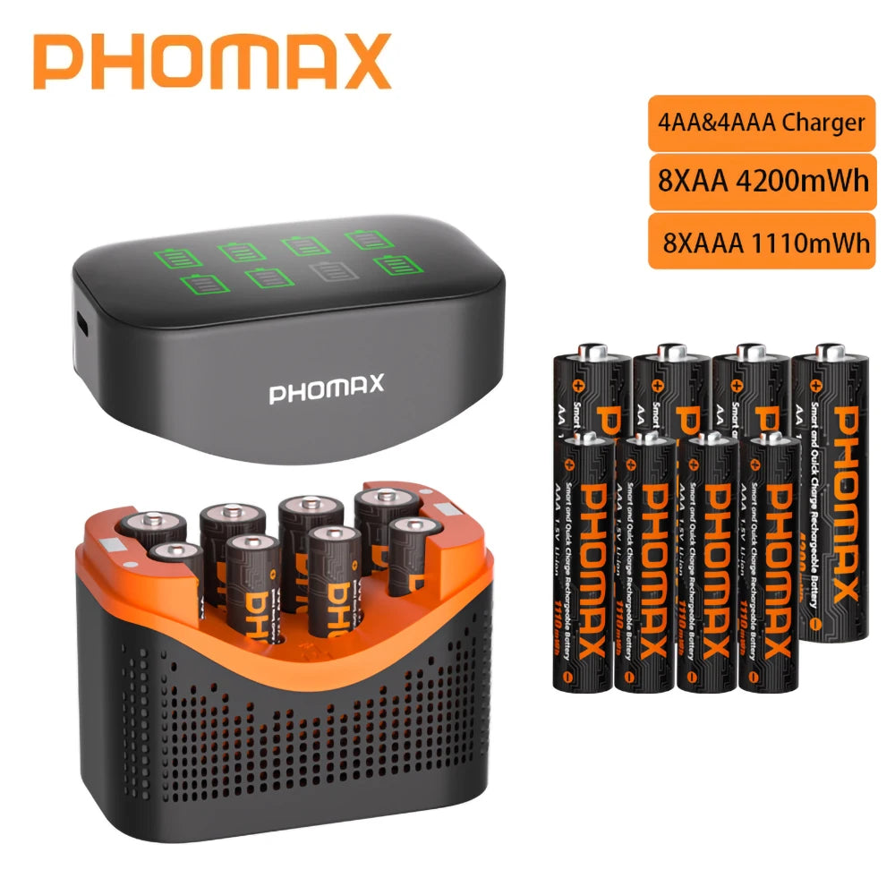 PHOMAX Rechargeable Lithium Battery 1.5V – AA & AAA with Fast Charger
