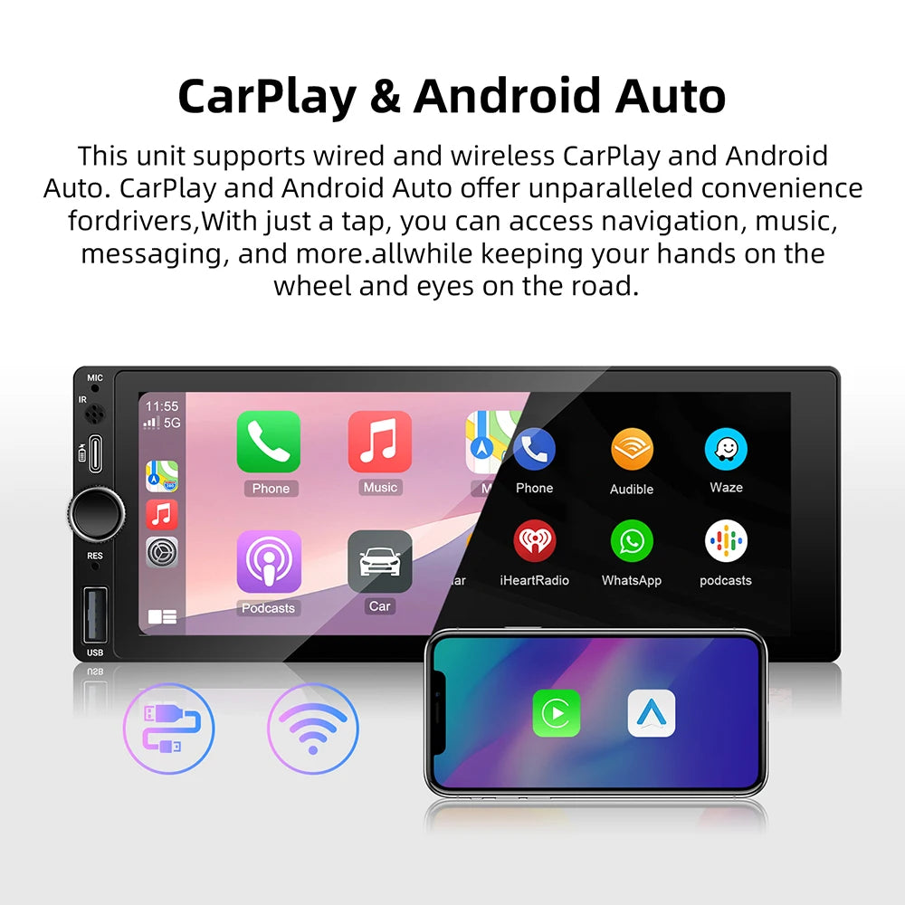 IPS 6.86 Inch Wireless Carplay Android Auto Car Radio Multimedia MP5 Player 1 Din Bluetooth Stereo Support FM WiFi Rear Camera