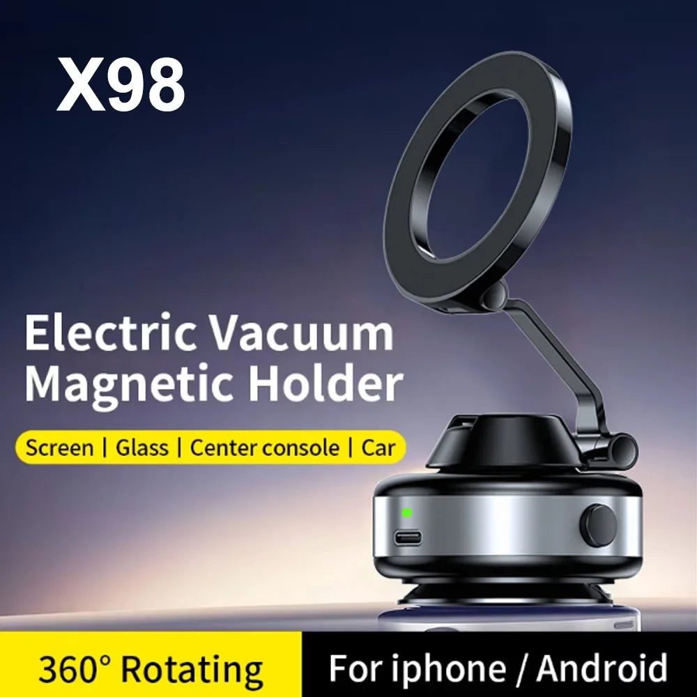 X98 Electric Vacuum Suction Cup Car Phone Holder 360 Rotation Strong Magnetic Foldable Stand for iphone 12-16 Pro Xiaomi Samsung